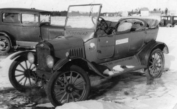 model t ford car in the snow