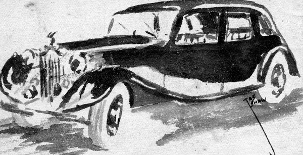 black ink-wash drawing of old car