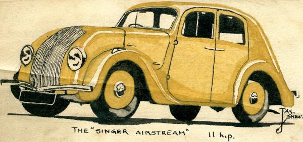 painting of old aerodynamic-styled car