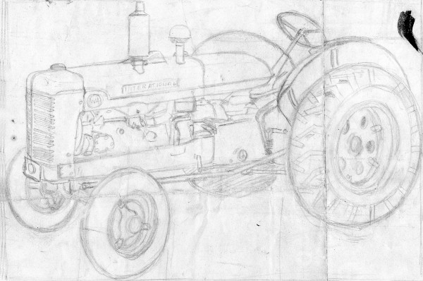 sketch of farm tractorpainting of old red car by a street lamp