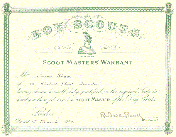 Scout Master's Warrant - James Shaw - 1st March 1910